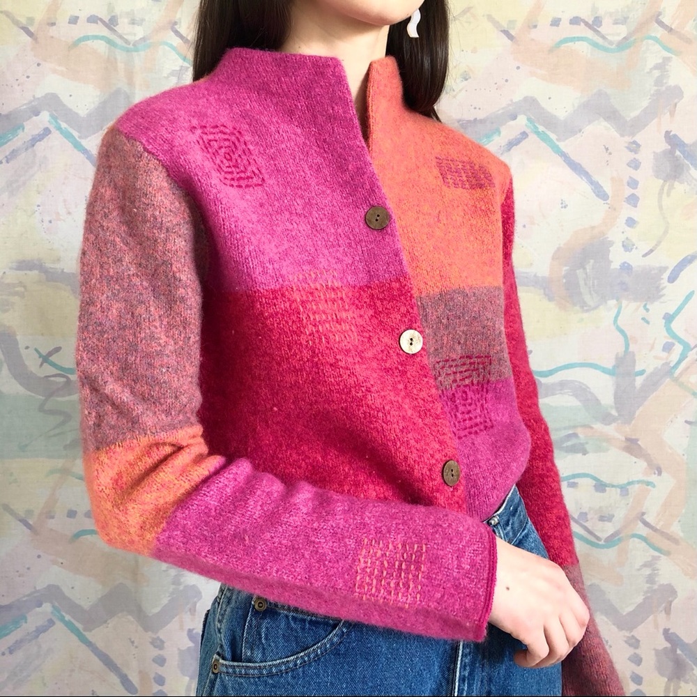 Pink and orange color black wool cardigan